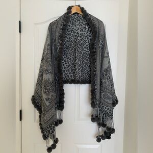 Gorski Cashmere Gray Leopard Print and Paisley Stole with Angora Pom Pom Trim